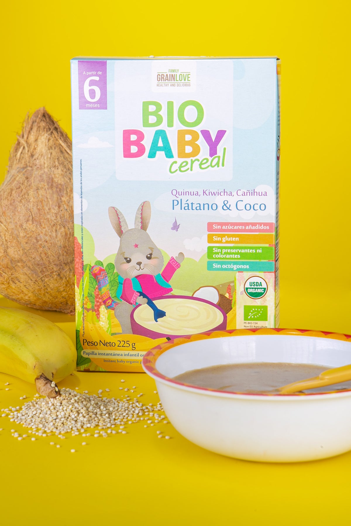 Cereal Orgánico para Bebés - Quinua, Kiwicha y Cañihua con Plátano y Coco | 100% Natural