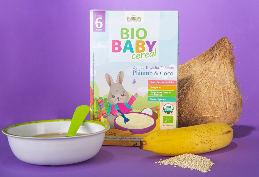 Cereal Orgánico para Bebés - Quinua, Kiwicha y Cañihua con Plátano y Coco | 100% Natural