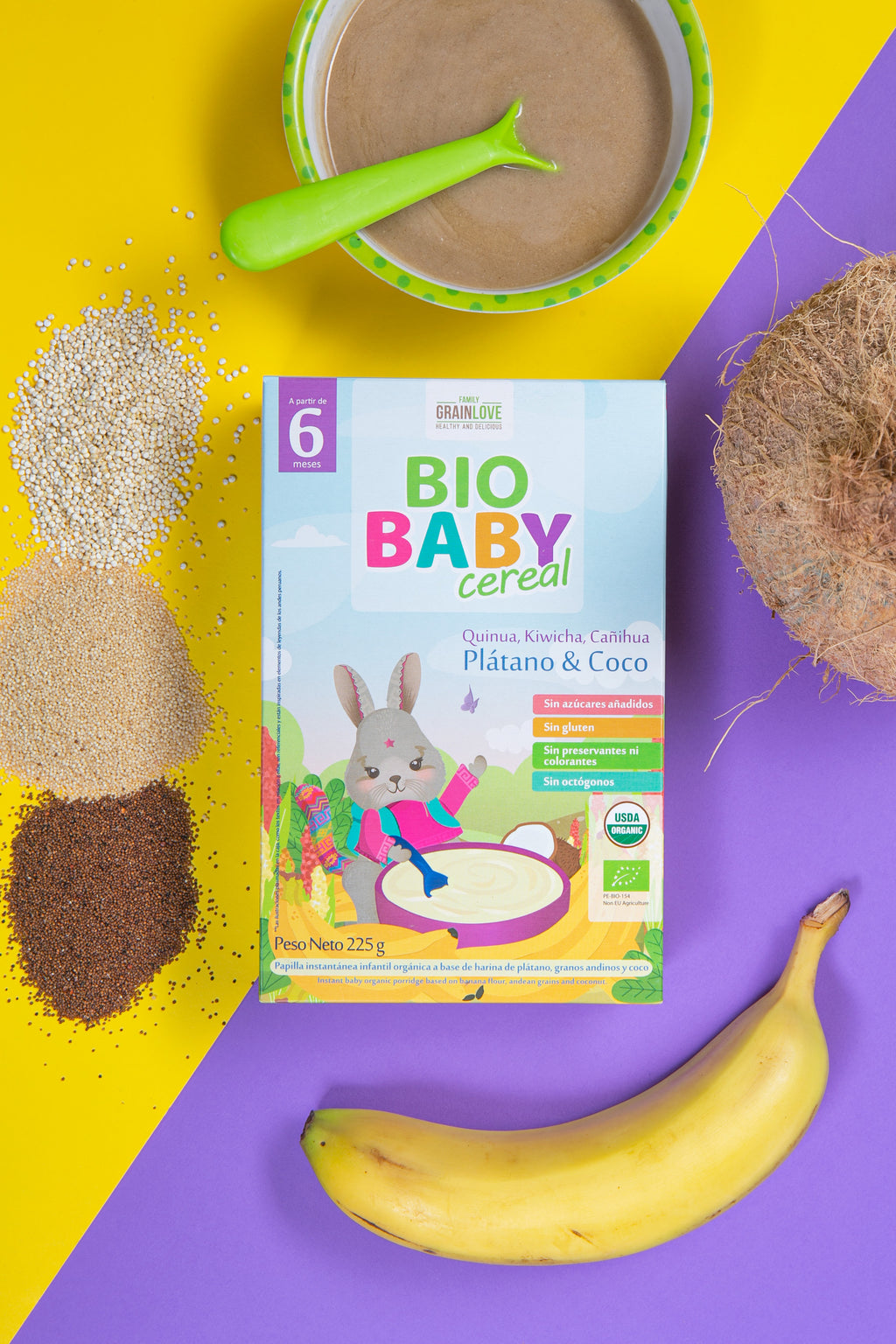 Cereal Orgánico para Bebés - Quinua, Kiwicha y Cañihua con Plátano y Coco | 100% Natural